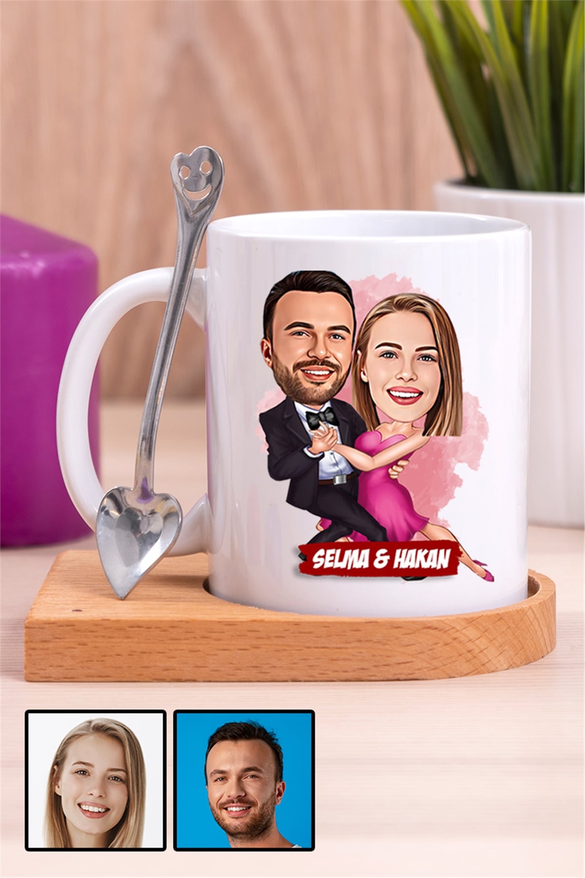 Romantik Sevgililer Günü Hediyesi Karikatürlü Ahşap Altlıklı Beyaz Kupa Bardak