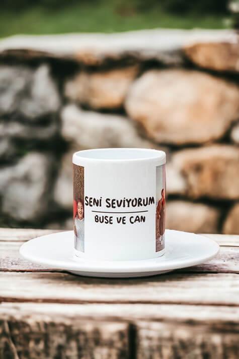 Seni Seviyorum İsimli 2 Fotoğraflı Beyaz Türk Kahvesi Fincanı