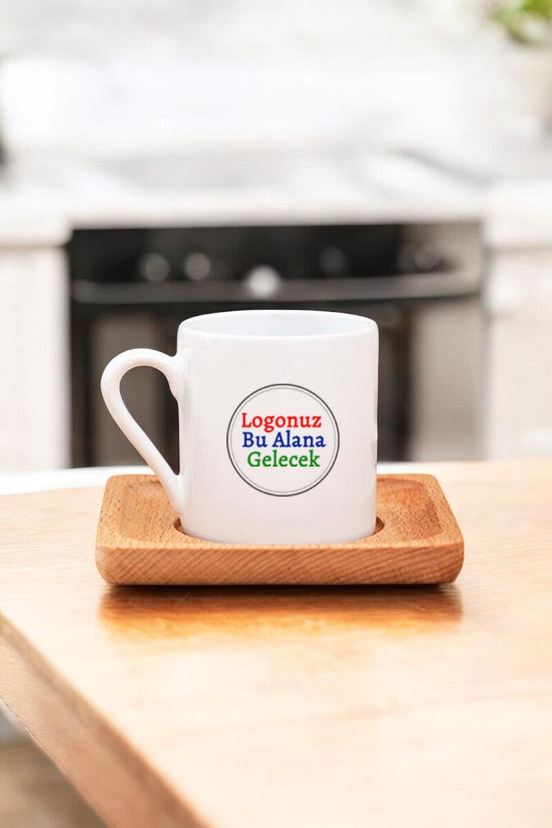 Seramik Logo Baskılı Promosyon Ahşap Altlıklı Türk Kahvesi Fincanı