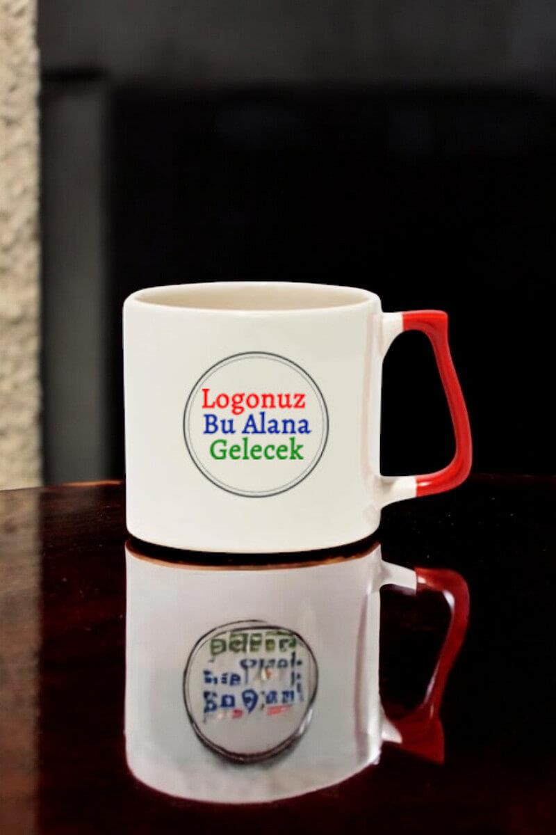 Seramik Orta Boy Logo Baskılı Kırmızı Kulplu Promosyon Kupa Bardak