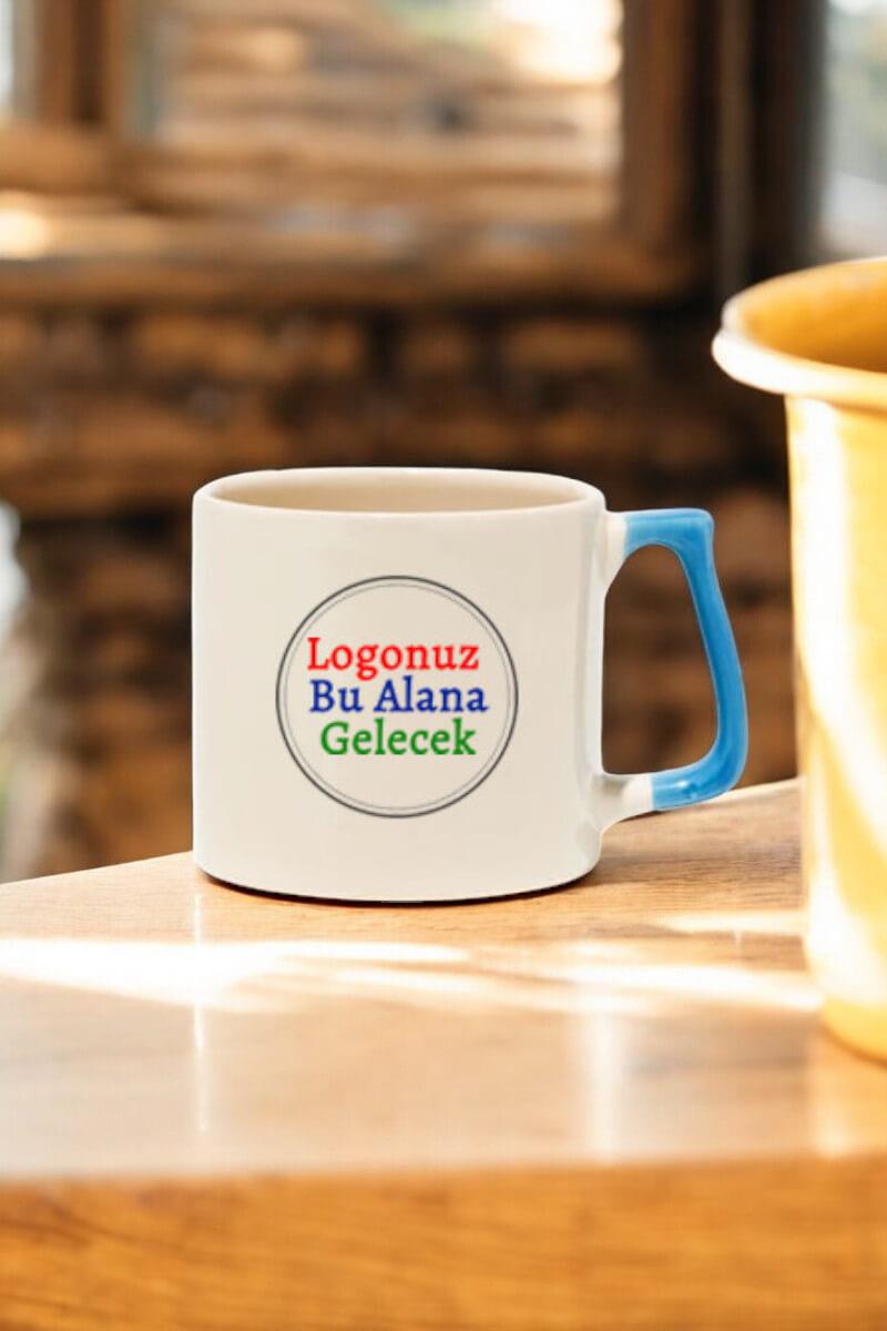 Seramik Orta Boy Logo Baskılı Mavi Kulplu Promosyon Kupa Bardak