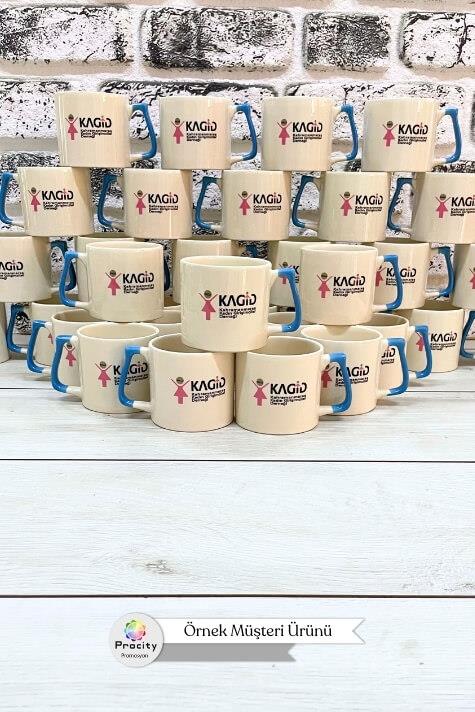 Seramik Orta Boy Logo Baskılı Mavi Kulplu Promosyon Kupa Bardak