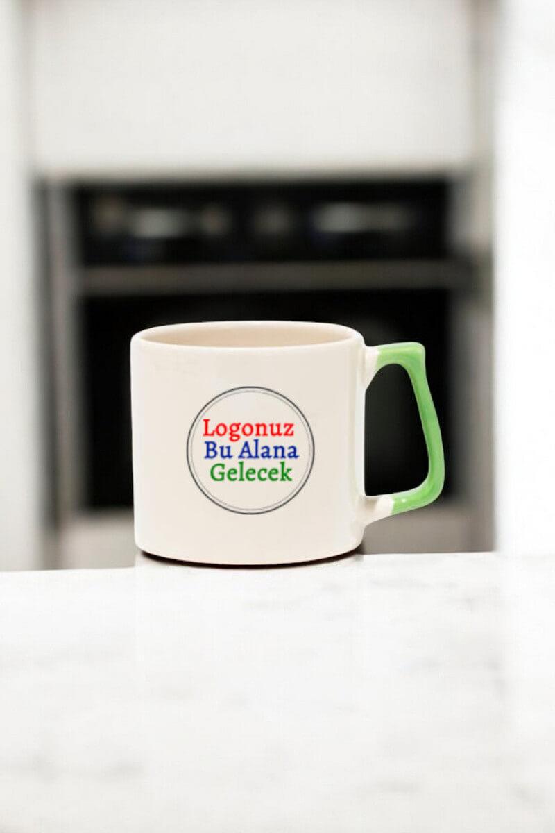 Seramik Orta Boy Logo Baskılı Yeşil Kulplu Promosyon Kupa Bardak