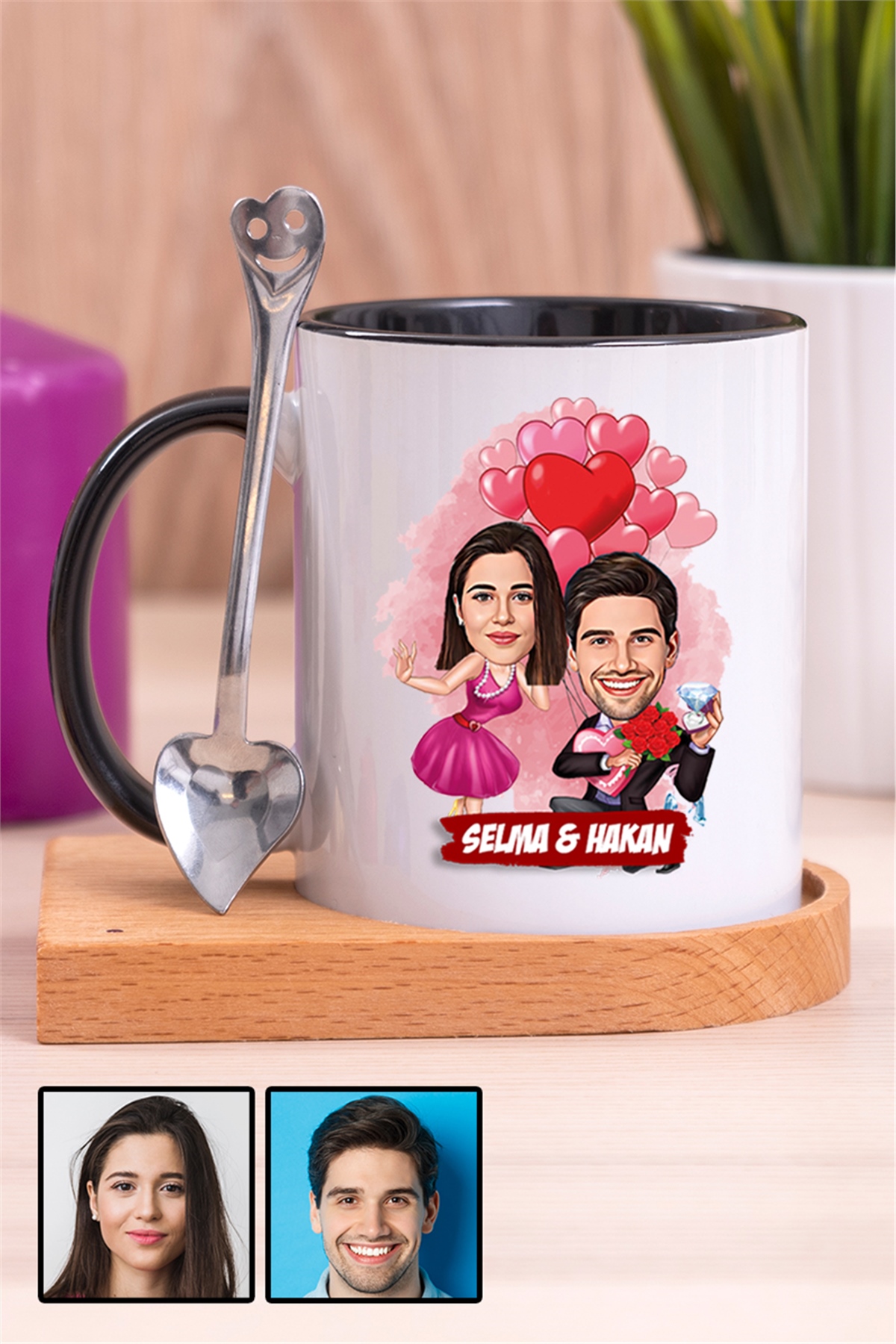 Sevgililer Günü Hediyesi Karikatürlü Ahşap Altlıklı İçi Renkli Kupa Bardak