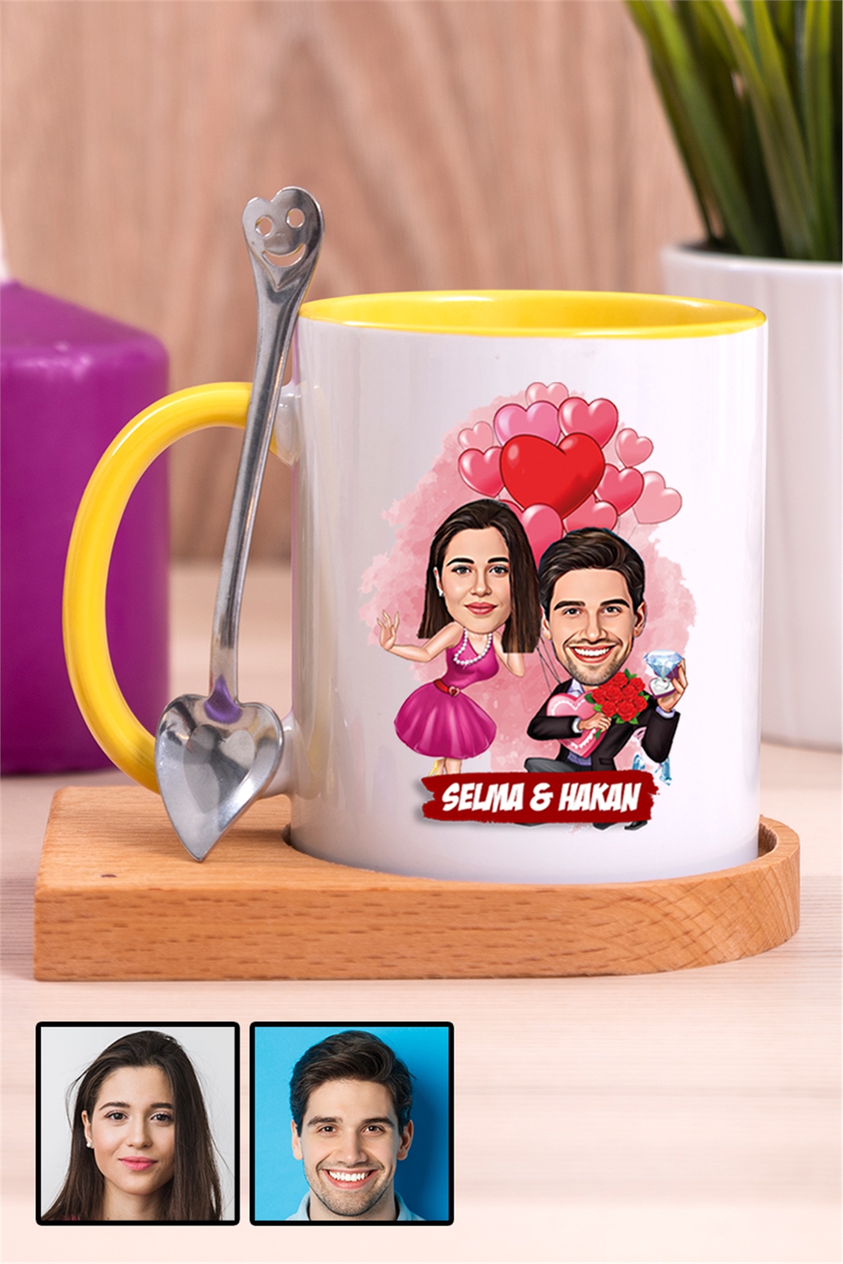 Sevgililer Günü Hediyesi Karikatürlü Ahşap Altlıklı İçi Renkli Kupa Bardak