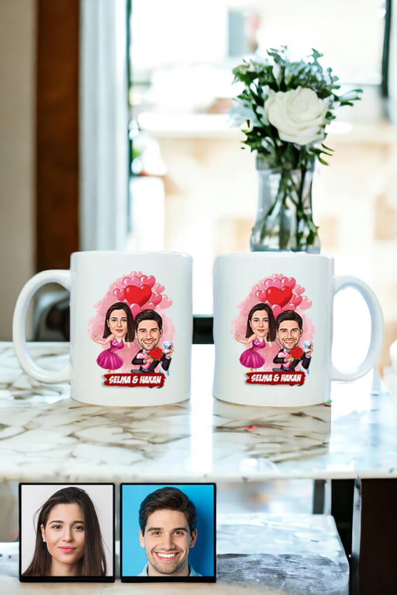 Sevgililer Günü Hediyesi Karikatürlü İkili Beyaz Kupa Bardak