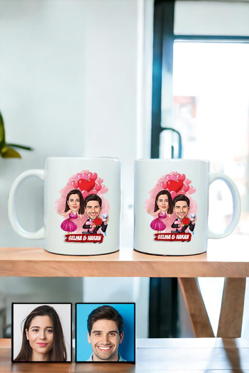 Sevgililer Günü Hediyesi Karikatürlü İkili Beyaz Kupa Bardak