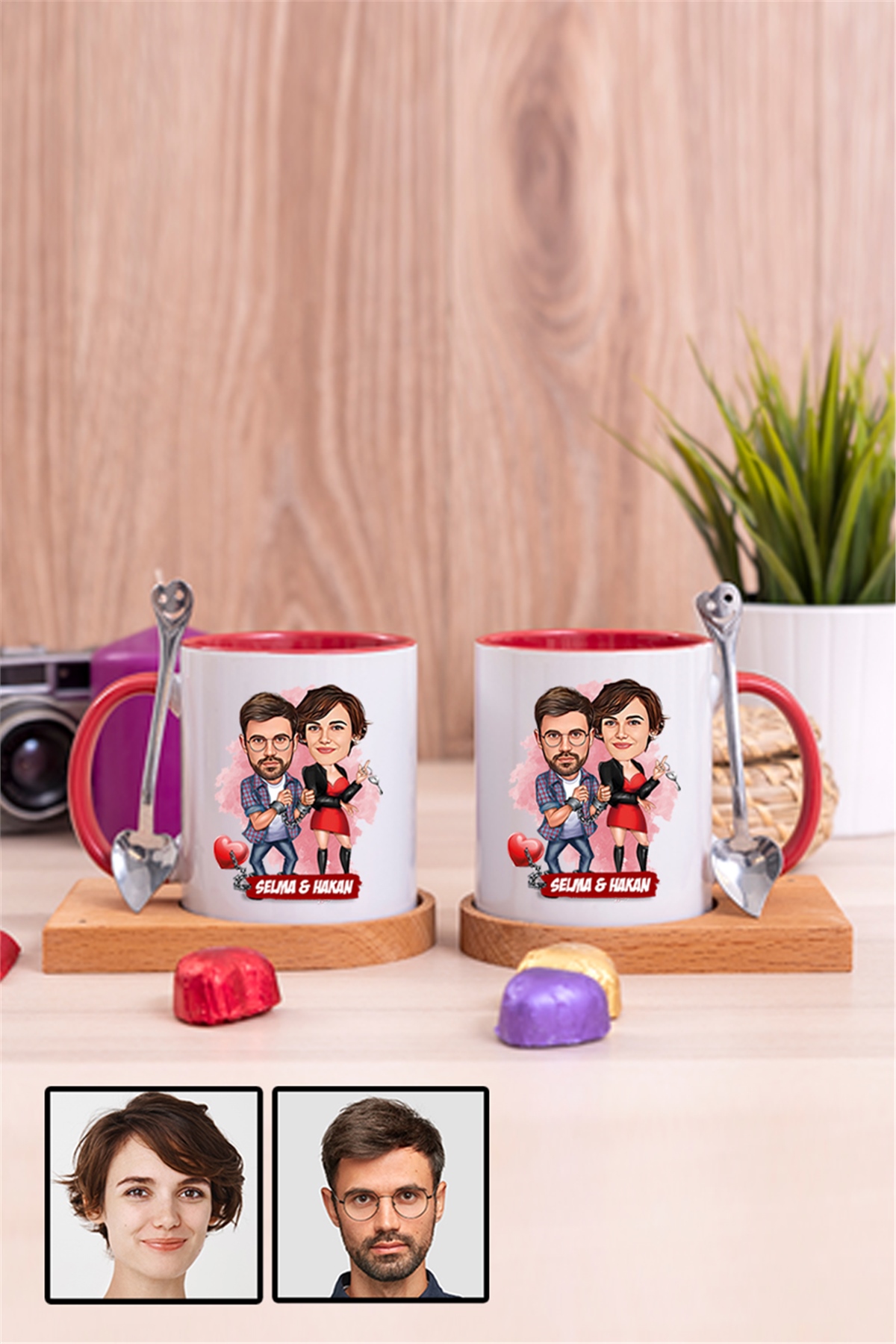 Sevgililere İlginç Hediye  Karikatürlü İkili Ahşap Altlıklı İçi Renkli Kupa Bardak