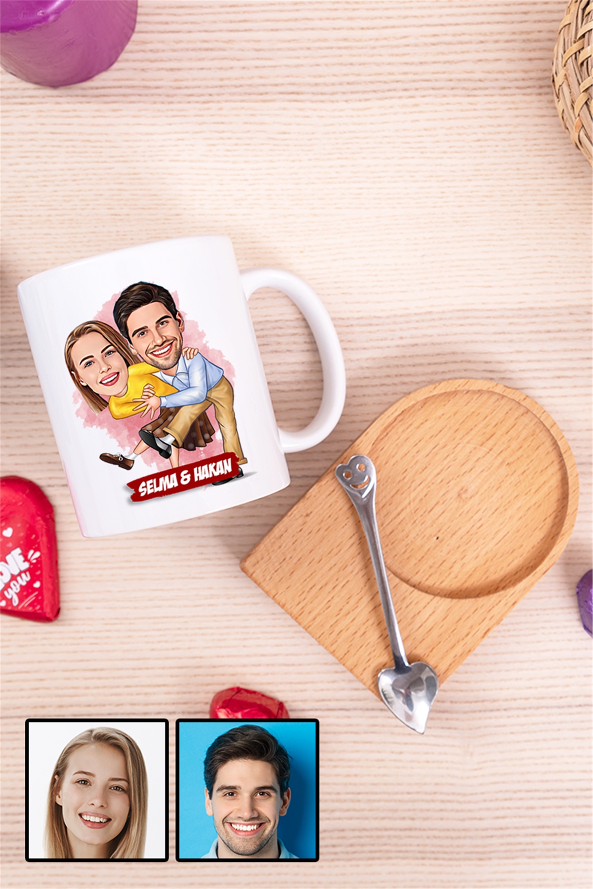 Kadın Sevgiliye Romantik Hediye Karikatürlü Ahşap Altlıklı Beyaz Kupa Bardak