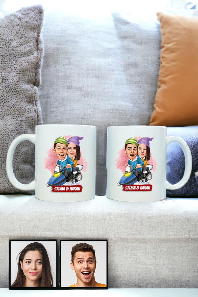 Sevgililere Komik Hediye Kış Temalı  Karikatürlü İkili Beyaz Kupa Bardak