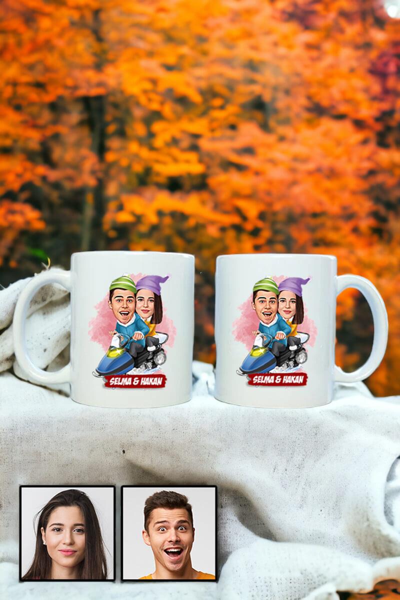 Sevgililere Komik Hediye Kış Temalı  Karikatürlü İkili Beyaz Kupa Bardak