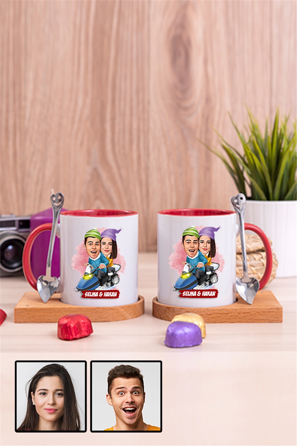 Bayan Sevgiliye Hediye Karikatürlü İkili Ahşap Altlıklı İçi Renkli Kupa Bardak