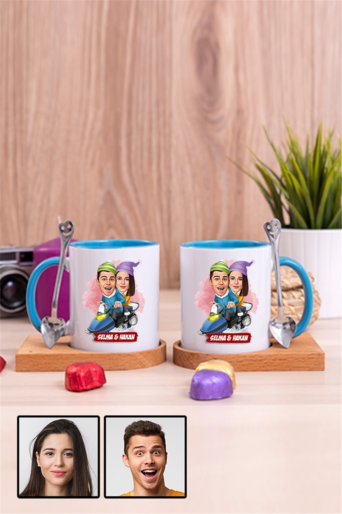 Bayan Sevgiliye Hediye Karikatürlü İkili Ahşap Altlıklı İçi Renkli Kupa Bardak