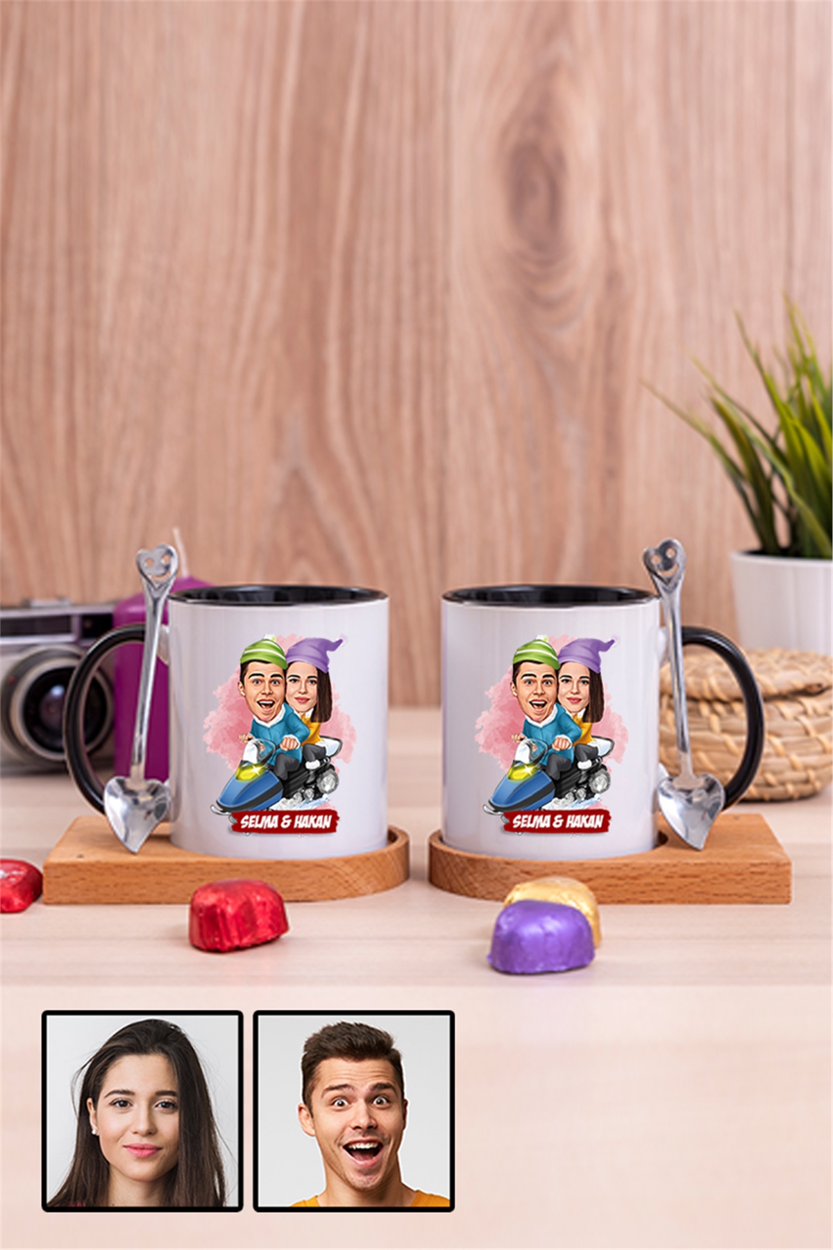 Bayan Sevgiliye Hediye Karikatürlü İkili Ahşap Altlıklı İçi Renkli Kupa Bardak