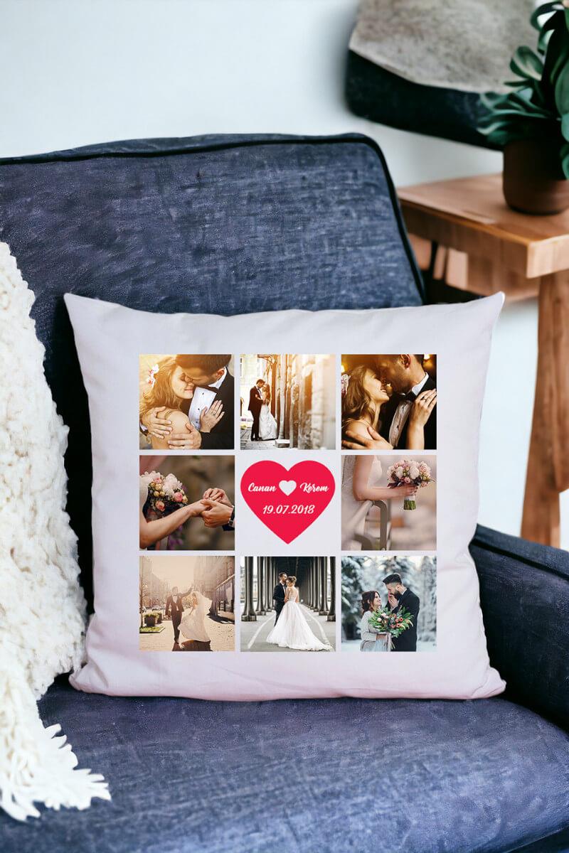 Sevgililere Özel 8 Fotoğraflı Kolaj Saten Kare Yastık
