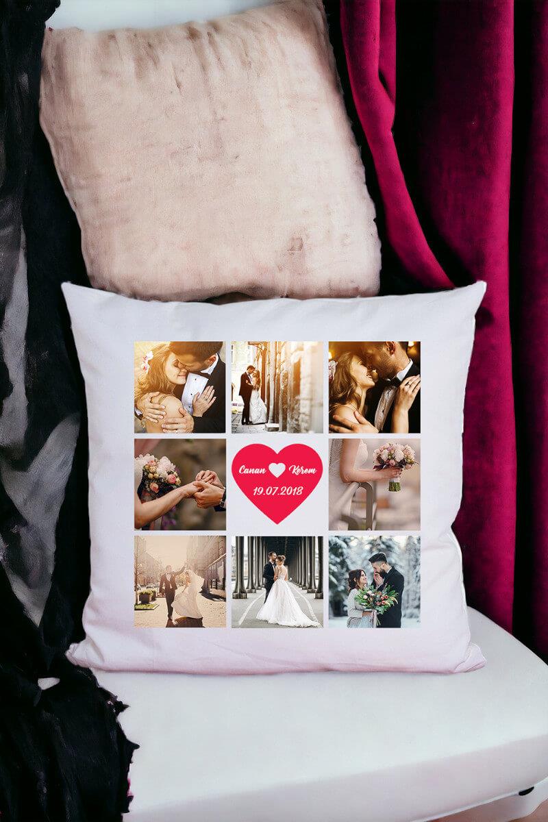 Sevgililere Özel 8 Fotoğraflı Kolaj Saten Kare Yastık