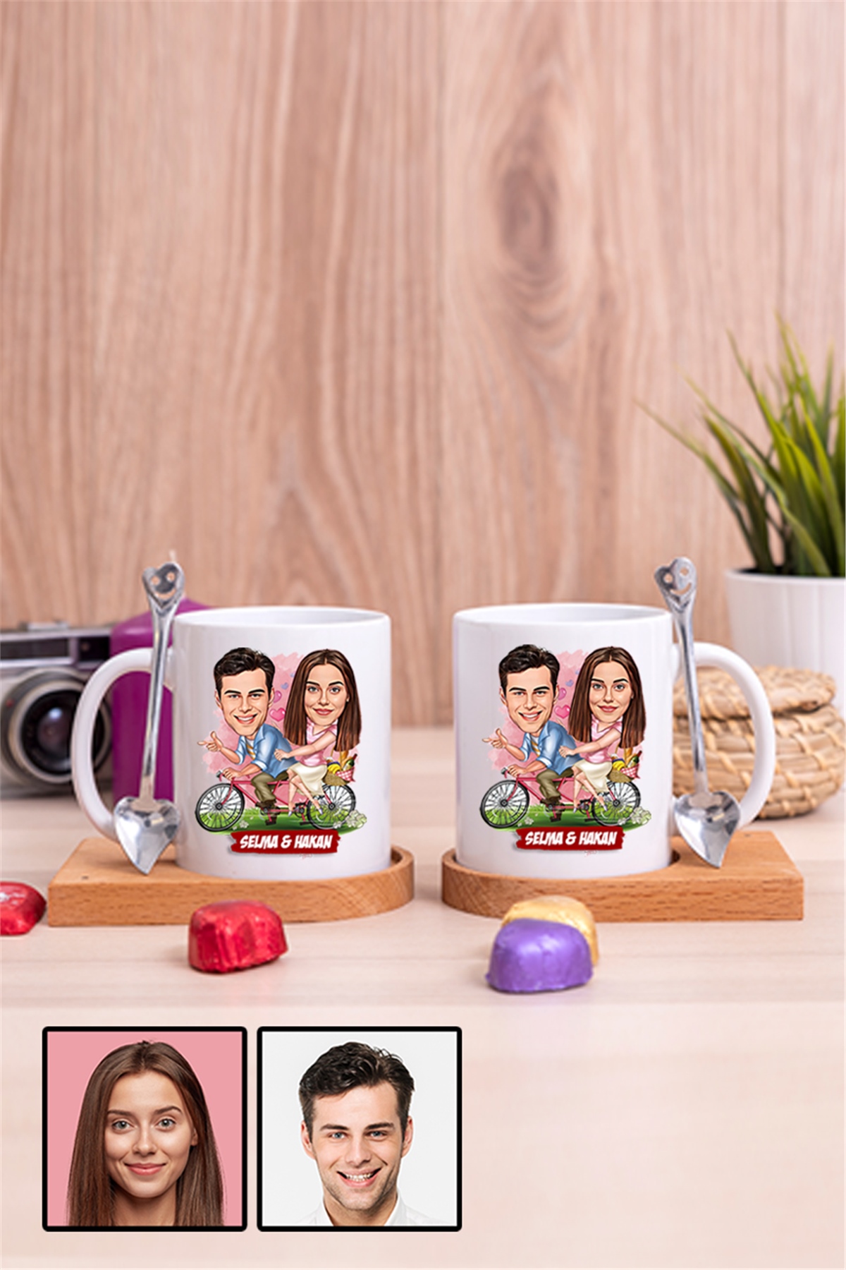 Sevgililere Özel Hediye Bisiklet Temalı Karikatürlü İkili Ahşap Altlıklı Beyaz Kupa Bardak