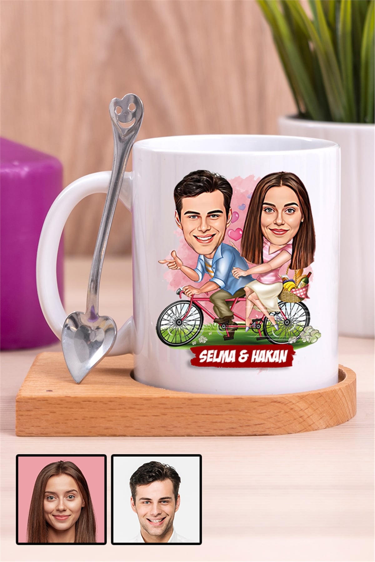 Sevgililere Özel Hediye Bisiklet Temalı Karikatürlü Ahşap Altlıklı Beyaz Kupa Bardak