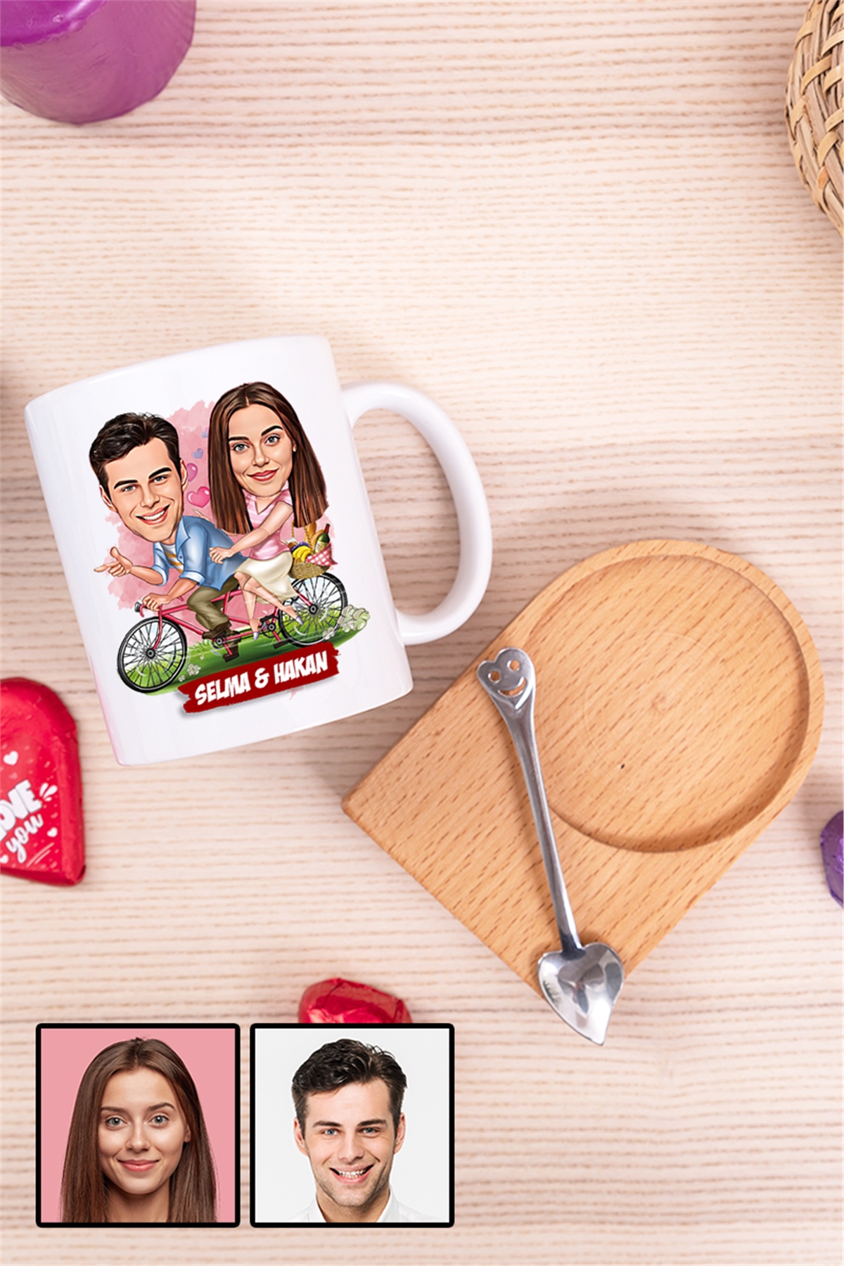 Sevgililere Özel Hediye Bisiklet Temalı Karikatürlü Ahşap Altlıklı Beyaz Kupa Bardak