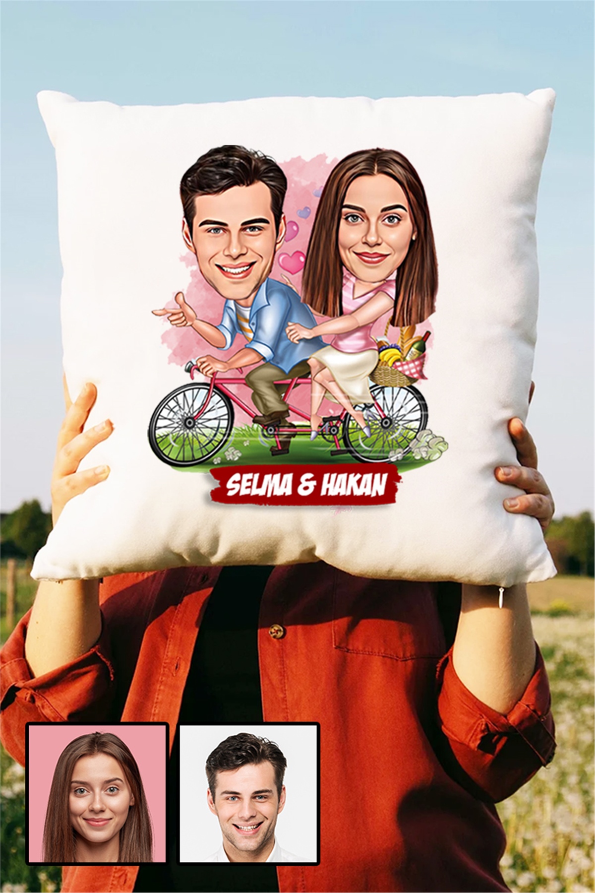 Sevgililere Özel Hediye Bisiklet Temalı Karikatürlü Yastık