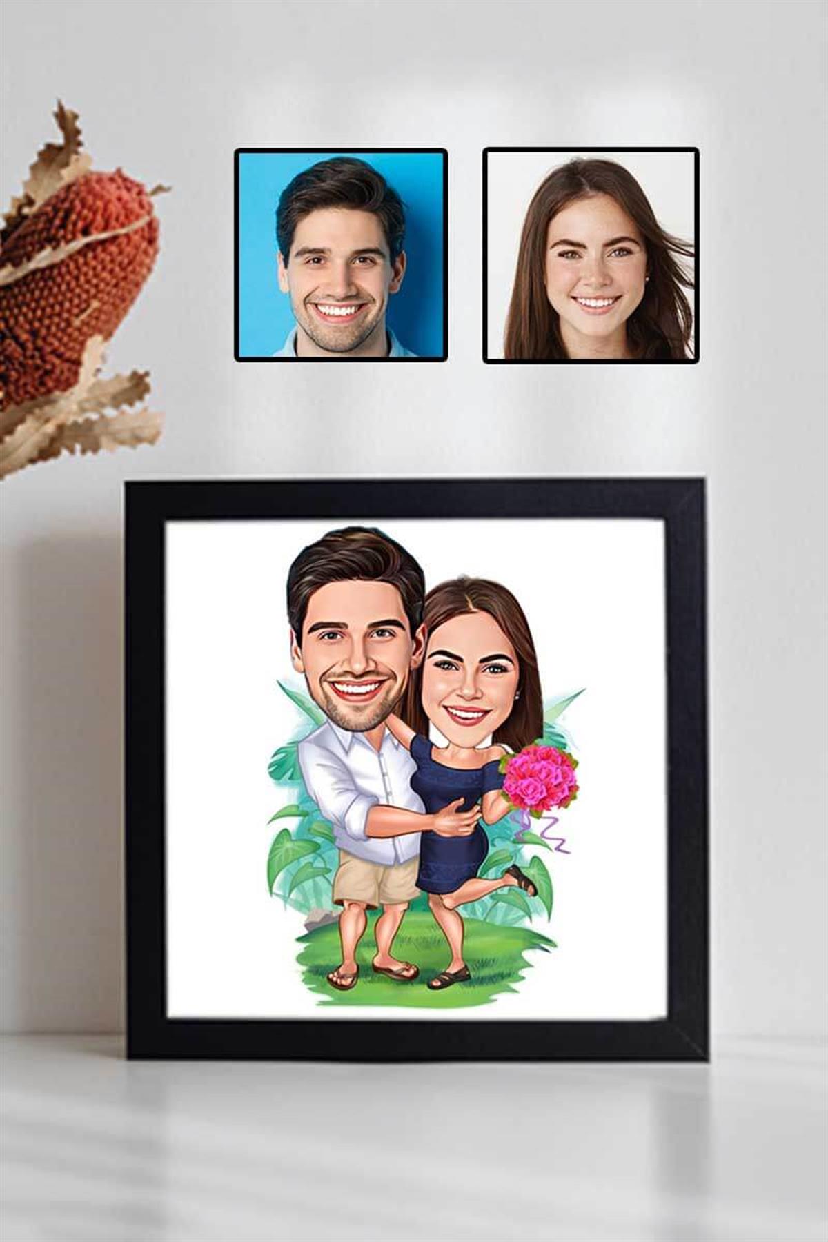 Sevgililere Özel Hediye Karikatürlü Kare Çerçeve