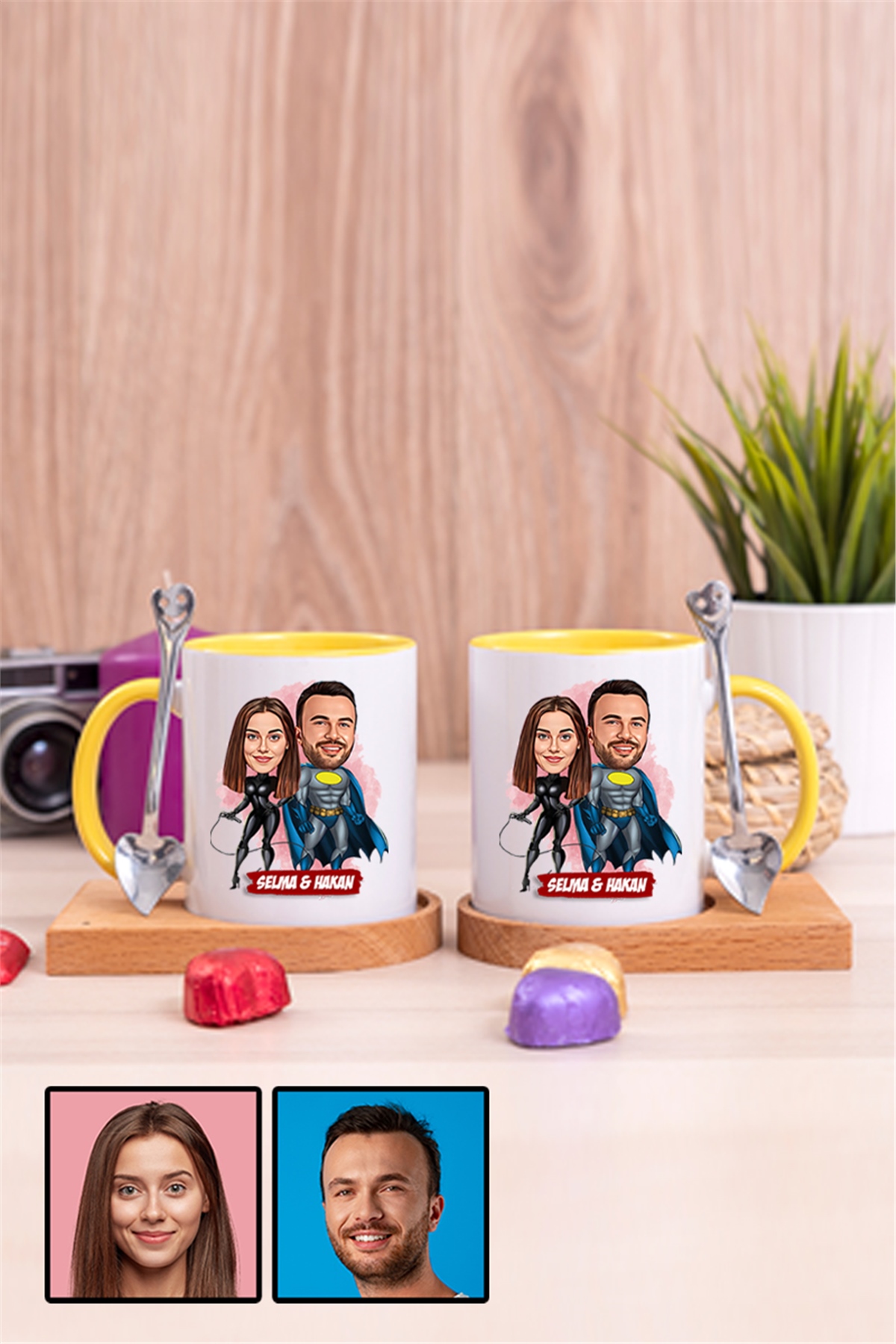 Sevgililere Özel Süper Kahraman  Karikatürlü İkili Ahşap Altlıklı İçi Renkli Kupa Bardak
