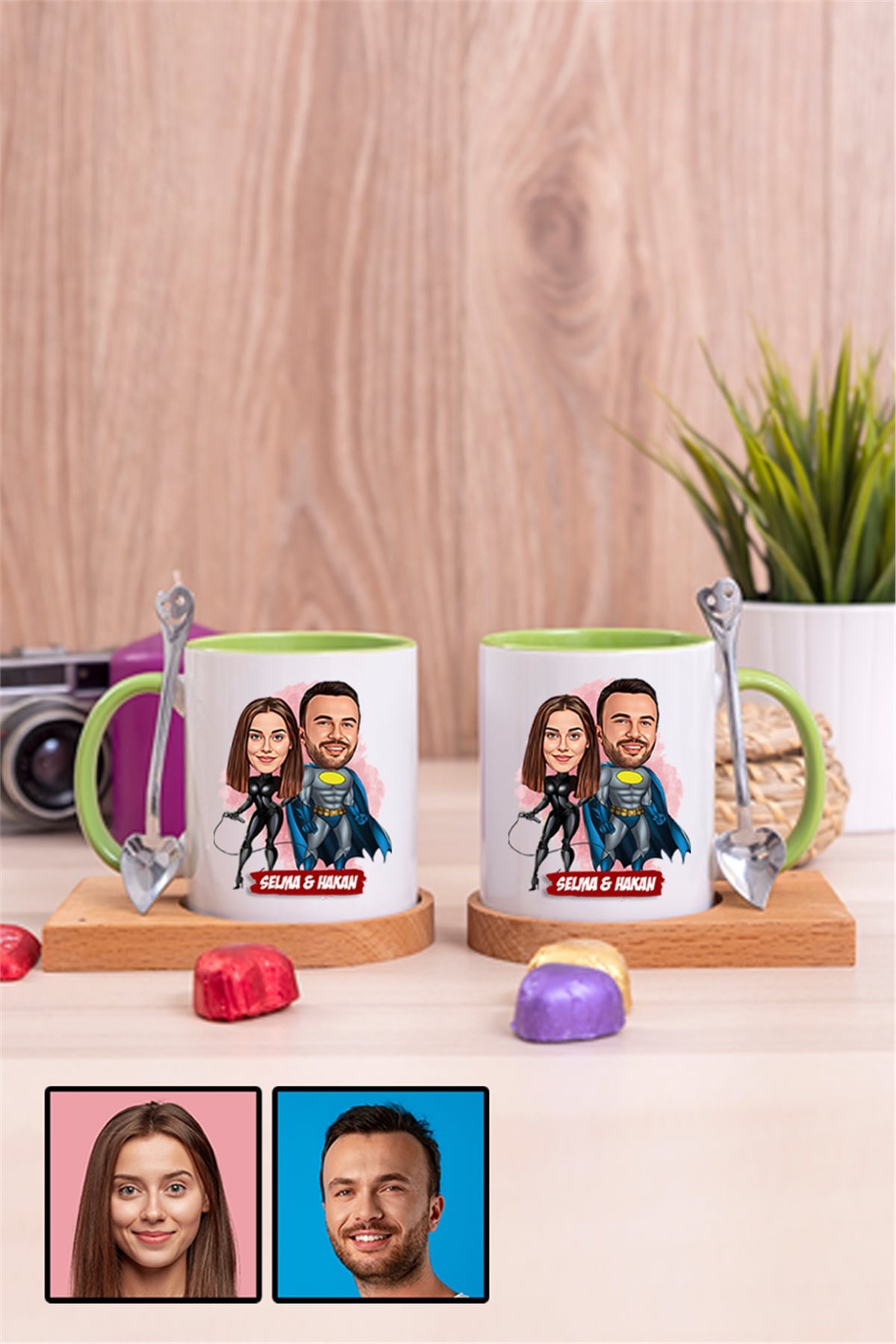 Sevgililere Özel Süper Kahraman  Karikatürlü İkili Ahşap Altlıklı İçi Renkli Kupa Bardak