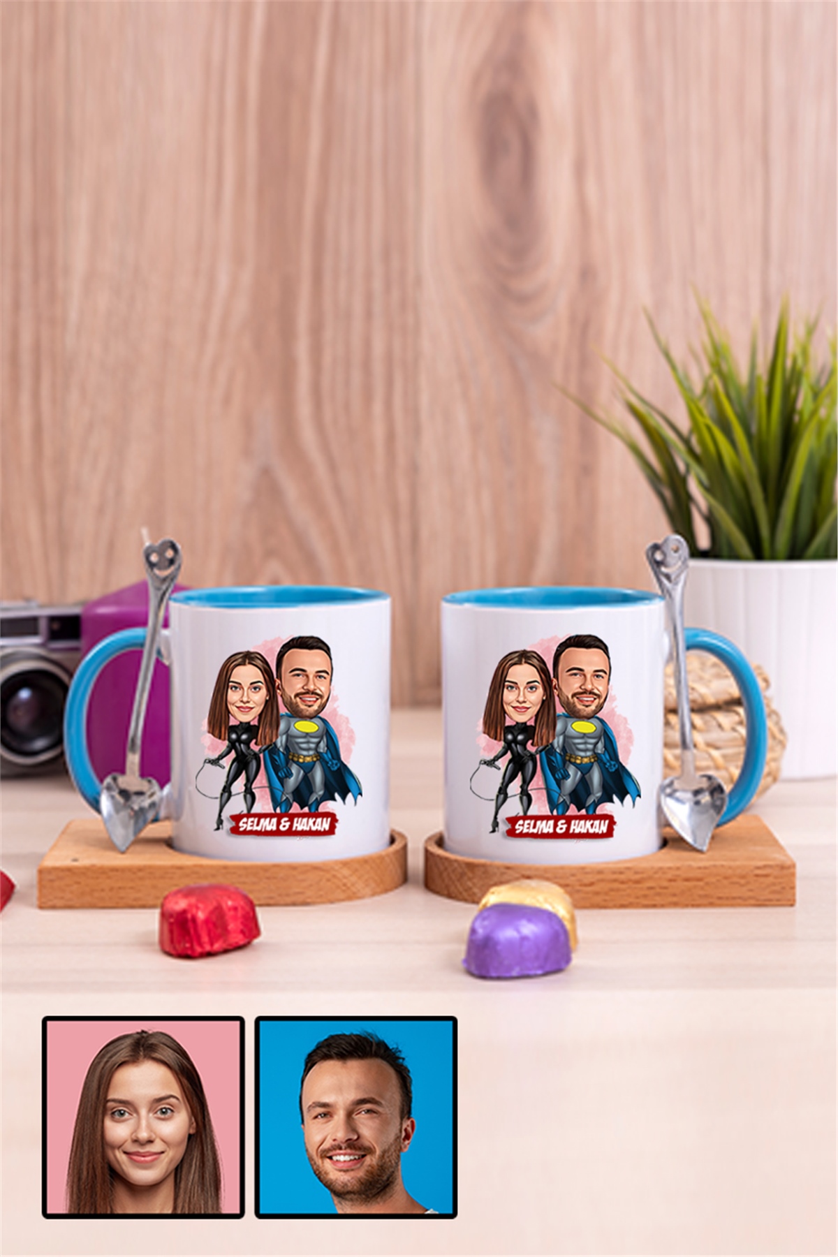 Sevgililere Özel Süper Kahraman  Karikatürlü İkili Ahşap Altlıklı İçi Renkli Kupa Bardak