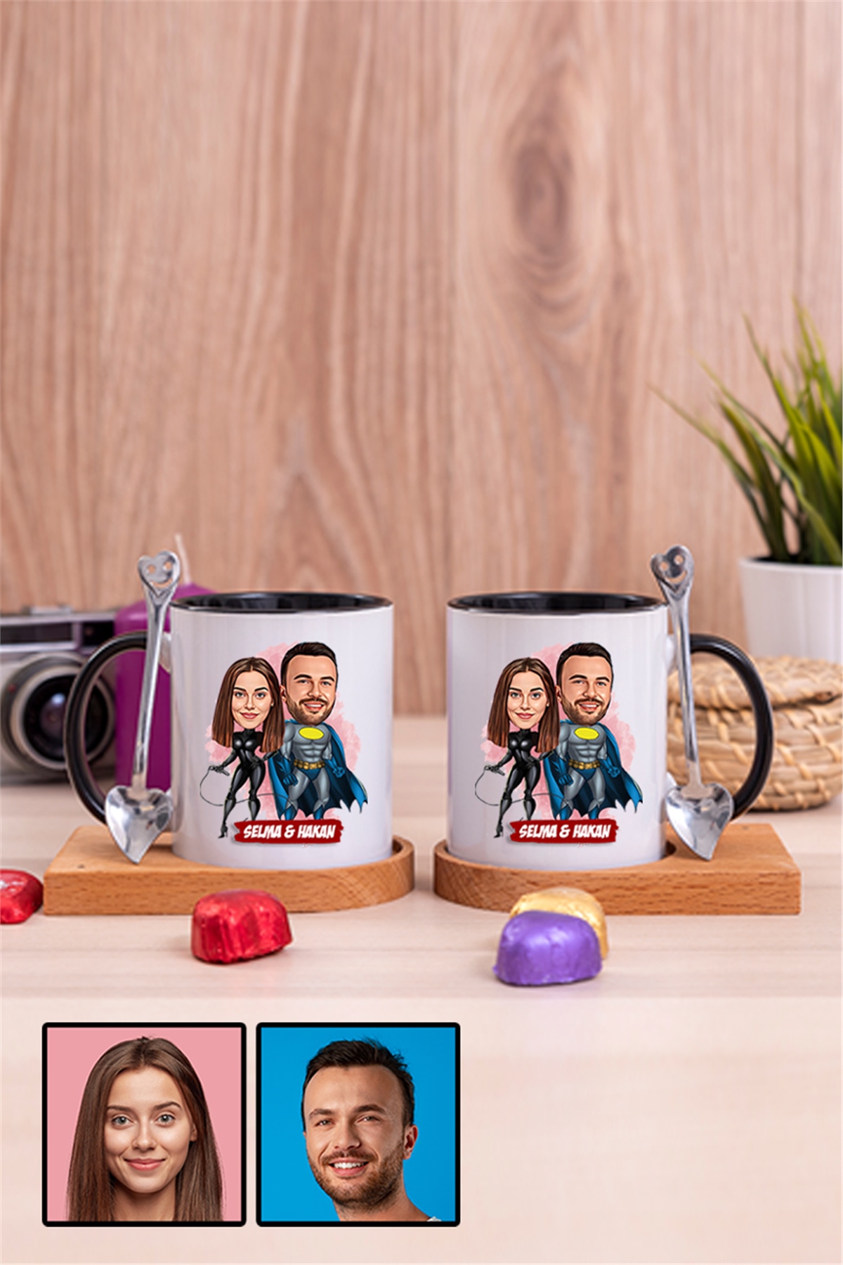 Sevgililere Özel Süper Kahraman  Karikatürlü İkili Ahşap Altlıklı İçi Renkli Kupa Bardak
