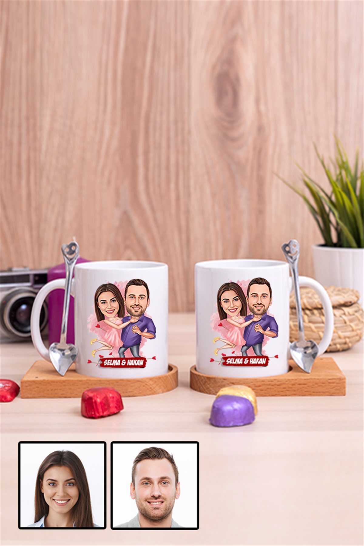 Sevgililere Romantik Hediye Karikatürlü İkili Ahşap Altlıklı Beyaz Kupa Bardak