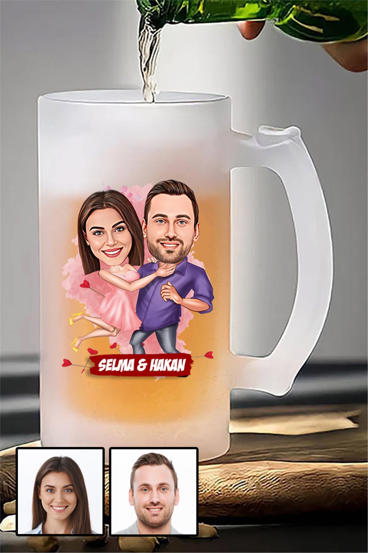 Sevgililere Romantik Hediye Karikatürlü Buzlu Cam Bira Bardağı