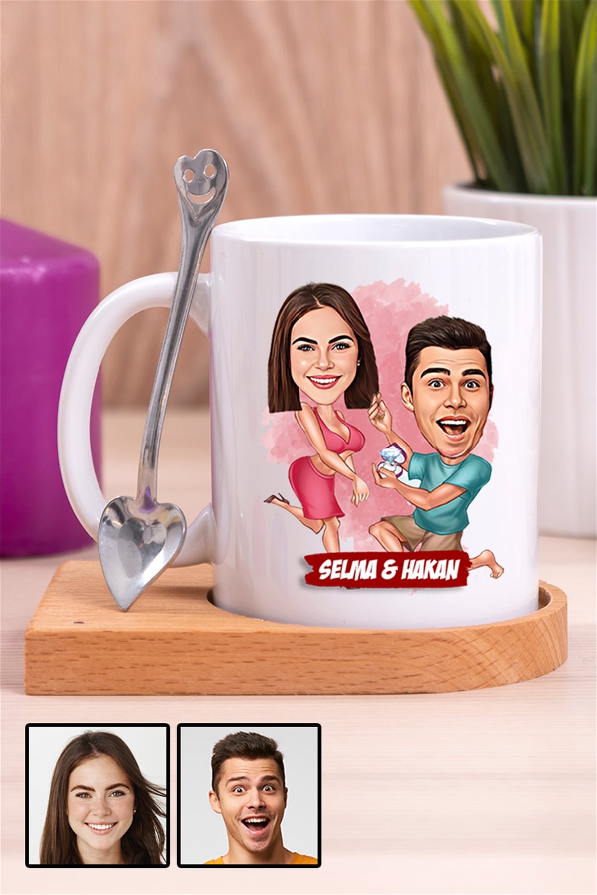 Bayan Eşe Romantik Evlilik Yıl Dönümü Hediyesi Karikatürlü Ahşap Altlıklı Beyaz Kupa Bardak