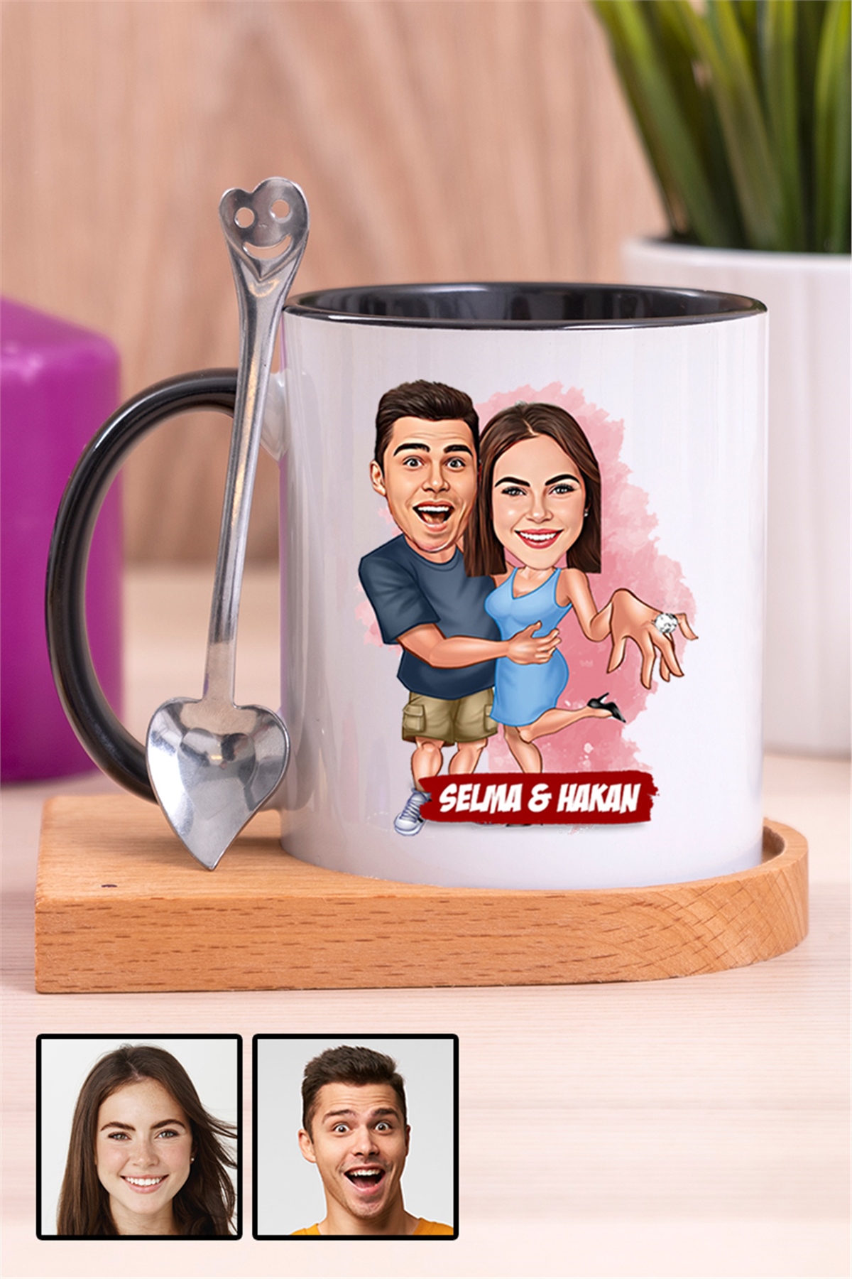 Sevgiliye Hediye Evlenme Teklifi Temalı Karikatürlü Ahşap Altlıklı İçi Renkli Kupa Bardak