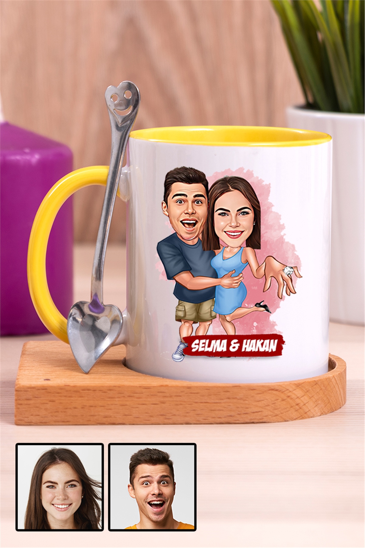 Sevgiliye Hediye Evlenme Teklifi Temalı Karikatürlü Ahşap Altlıklı İçi Renkli Kupa Bardak