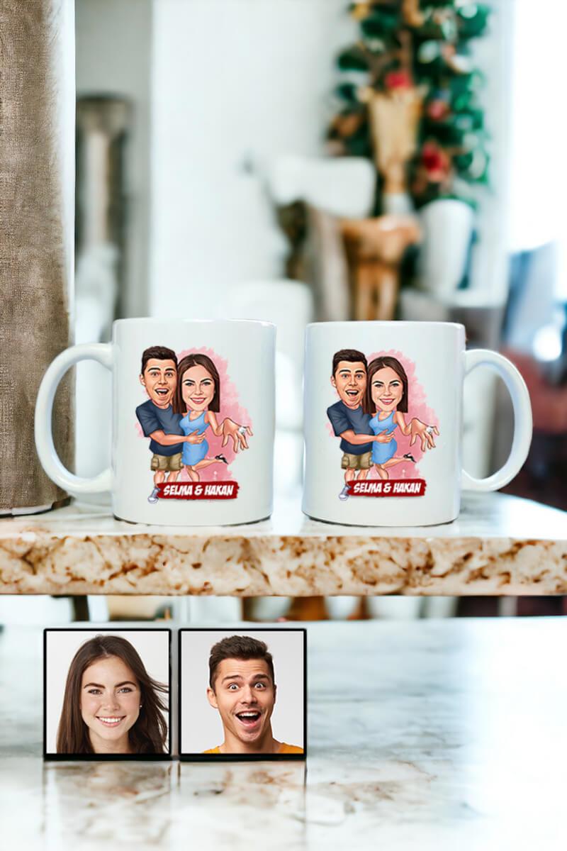 Sevgiliye Hediye Evlenme Teklifi Temalı Karikatürlü İkili Beyaz Kupa Bardak