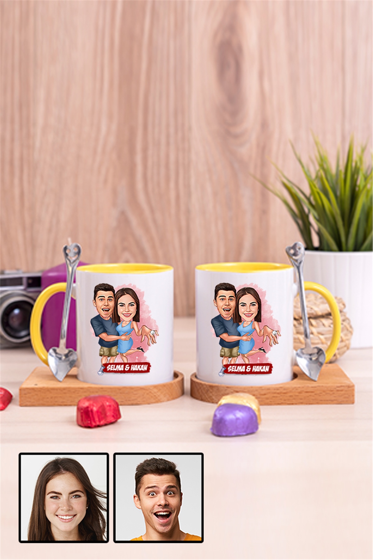 Sevgiliye Hediye Evlenme Teklifi Temalı Karikatürlü İkili Ahşap Altlıklı İçi Renkli Kupa Bardak