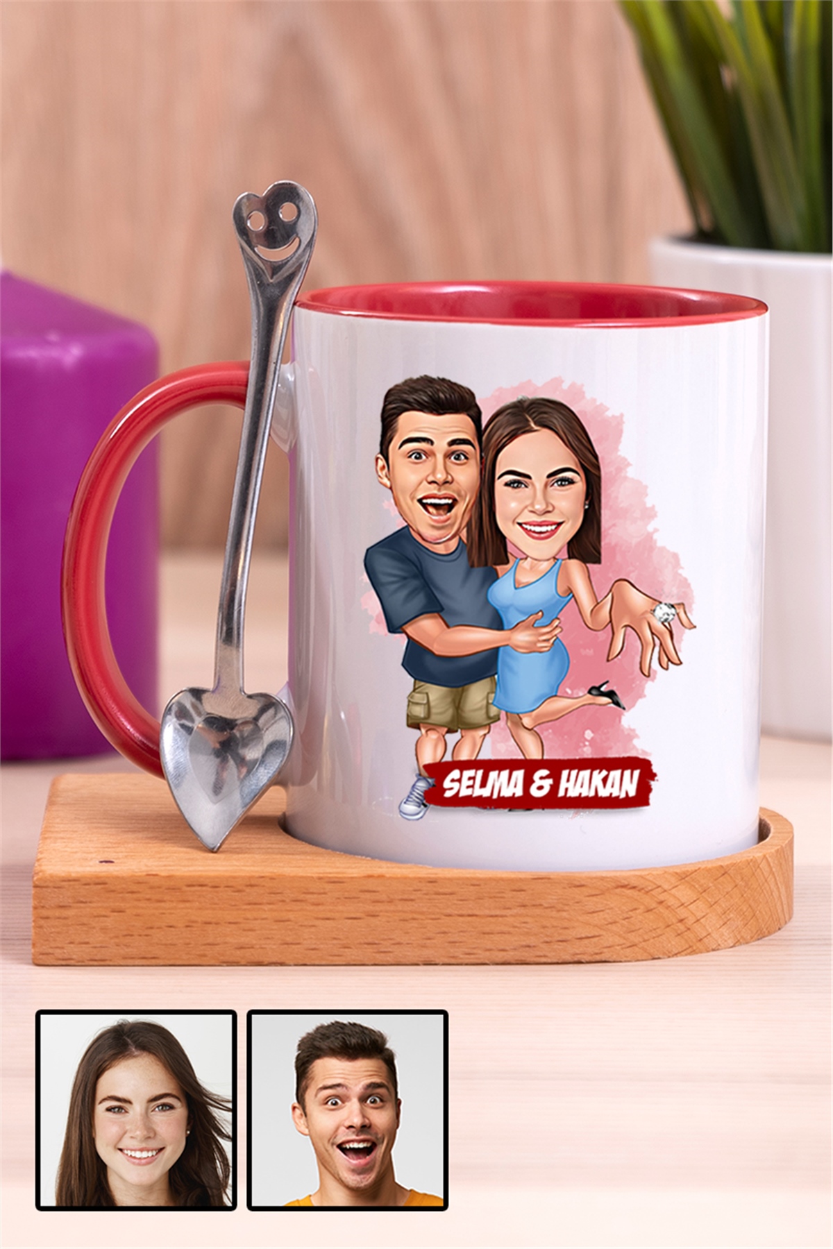 Sevgiliye Hediye Evlenme Teklifi Temalı Karikatürlü Ahşap Altlıklı İçi Renkli Kupa Bardak