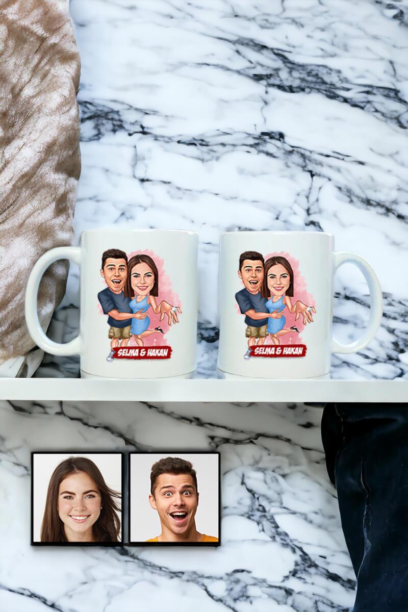 Sevgiliye Hediye Evlenme Teklifi Temalı Karikatürlü İkili Beyaz Kupa Bardak