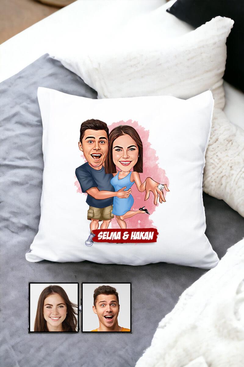 Sevgiliye Hediye Evlenme Teklifi Temalı Karikatürlü Yastık