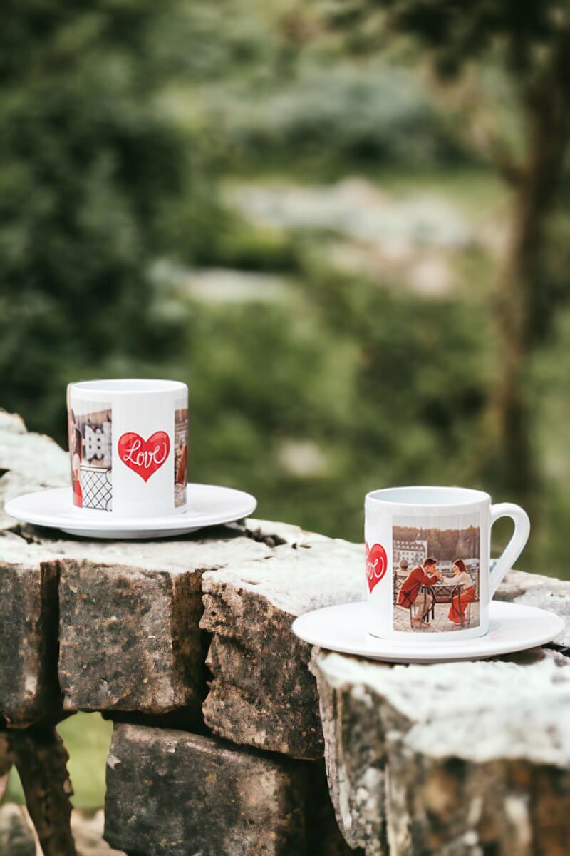 Sevgiliye Hediye İki Fotoğraflı İkili Beyaz Türk Kahvesi Fincanı