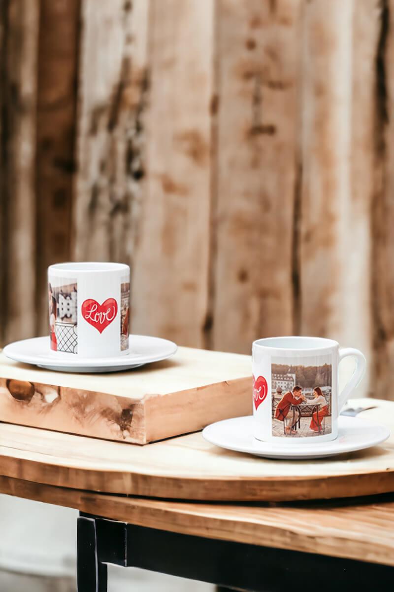 Sevgiliye Hediye İki Fotoğraflı İkili Beyaz Türk Kahvesi Fincanı