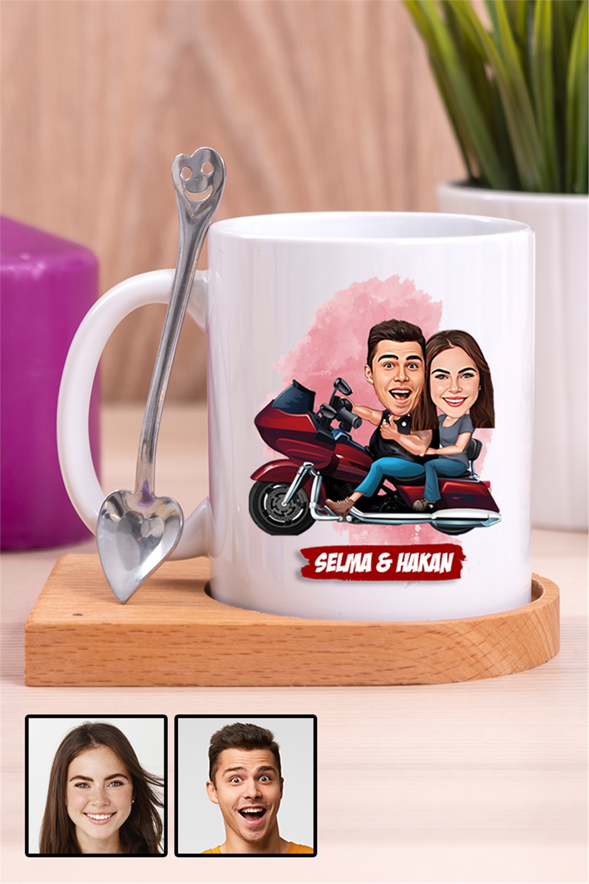 Sevgiliye Hediye Motorsiklet Temalı Karikatürlü Ahşap Altlıklı Beyaz Kupa Bardak