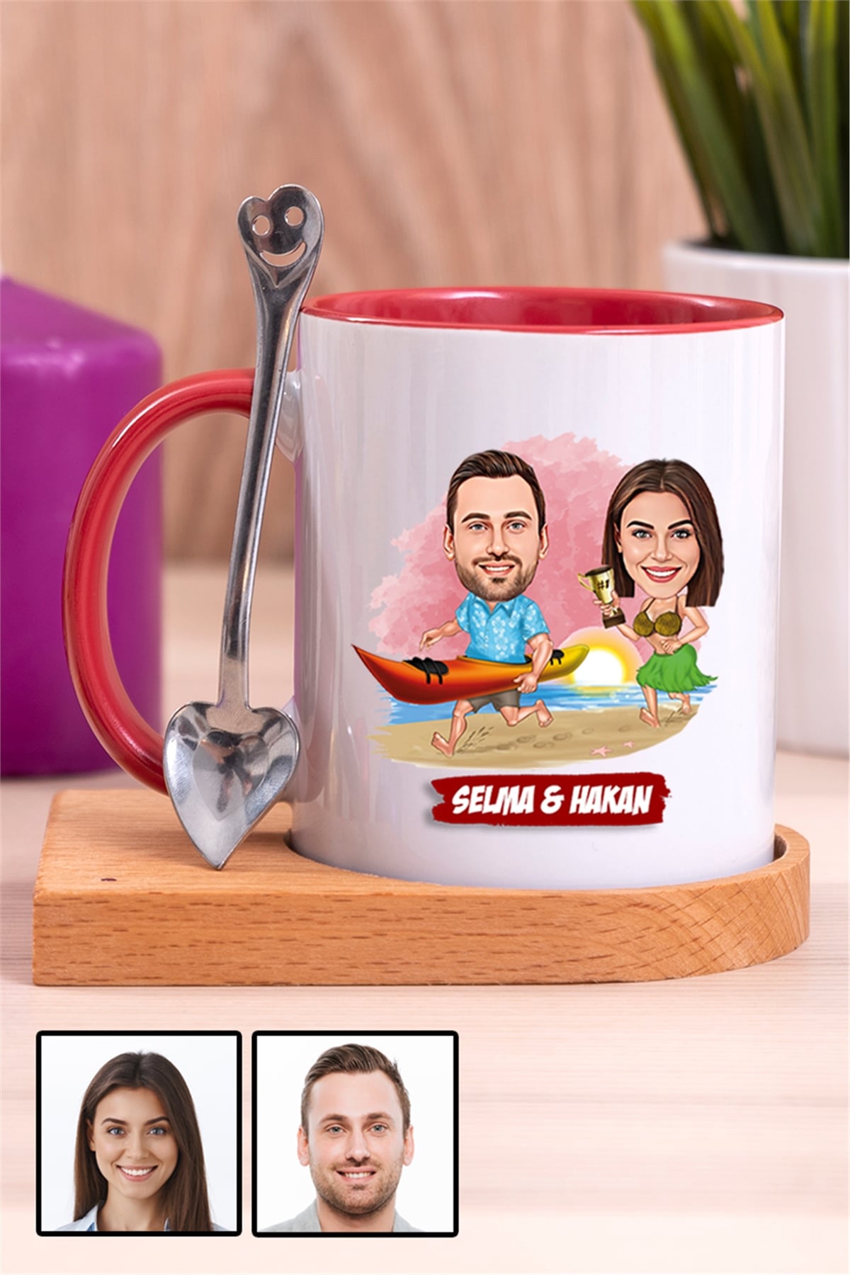 Sevgiliye Hediye Yaz Temalı Karikatürlü Ahşap Altlıklı İçi Renkli Kupa Bardak