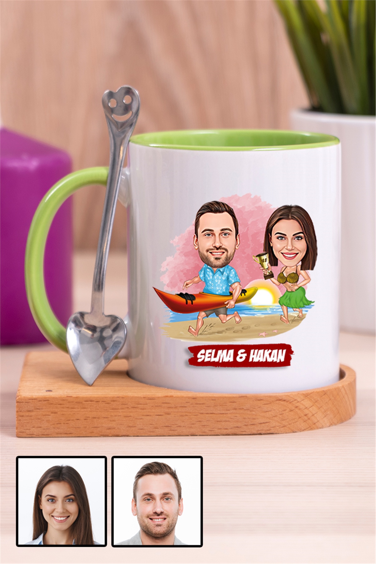 Sevgiliye Hediye Yaz Temalı Karikatürlü Ahşap Altlıklı İçi Renkli Kupa Bardak