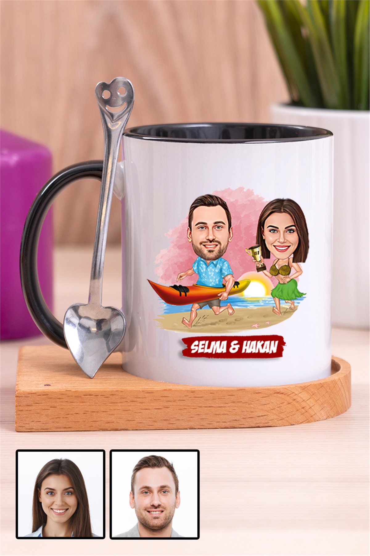 Sevgiliye Hediye Yaz Temalı Karikatürlü Ahşap Altlıklı İçi Renkli Kupa Bardak