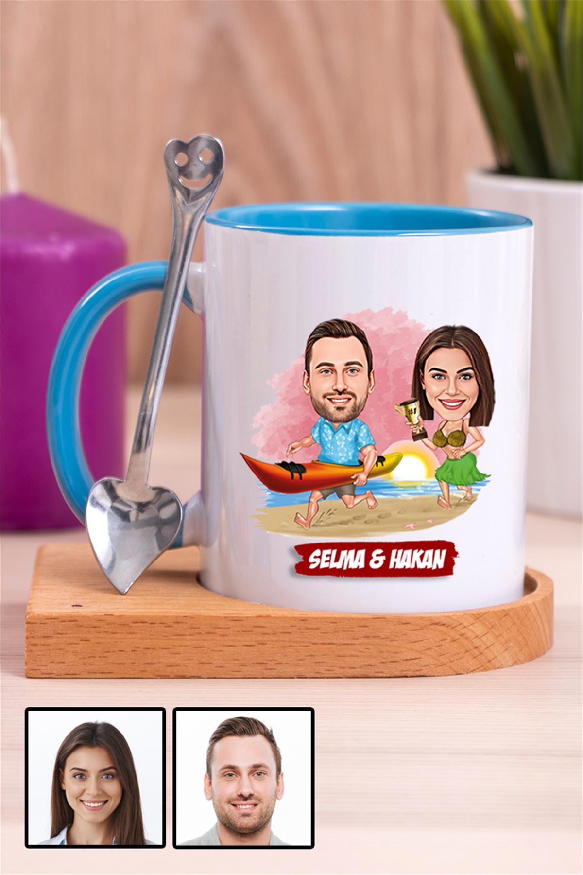 Sevgiliye Hediye Yaz Temalı Karikatürlü Ahşap Altlıklı İçi Renkli Kupa Bardak