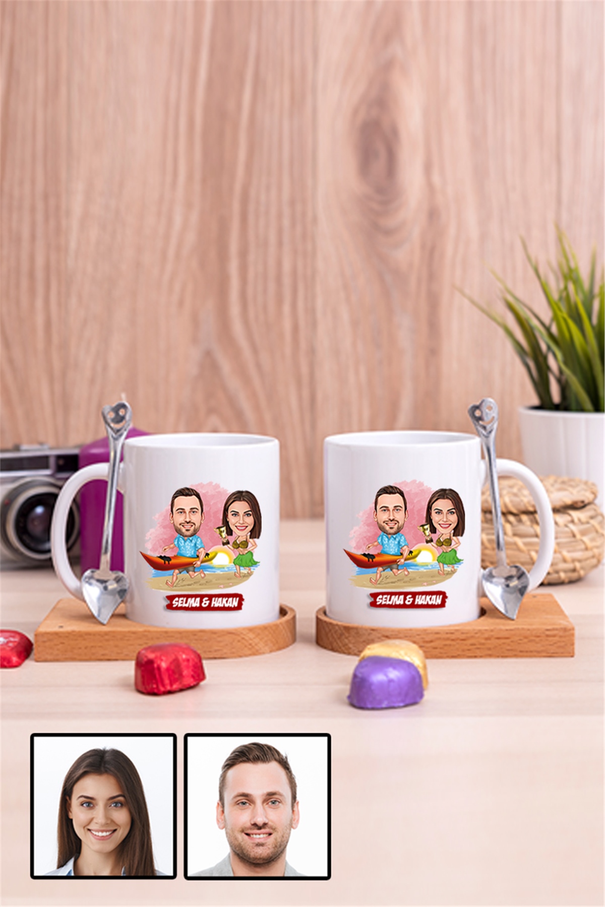 Sevgiliye Hediye Yaz Temalı Karikatürlü İkili Ahşap Altlıklı Beyaz Kupa Bardak