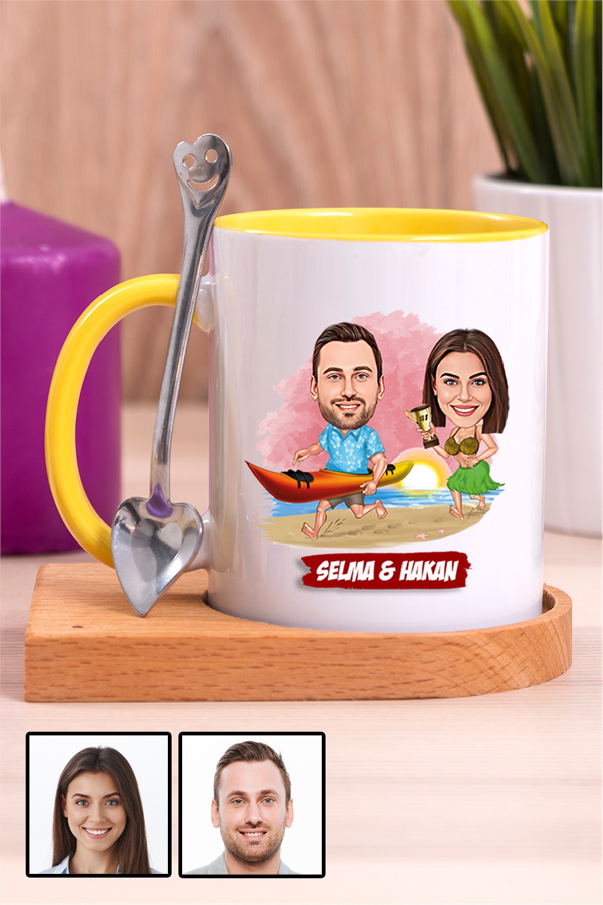 Sevgiliye Hediye Yaz Temalı Karikatürlü Ahşap Altlıklı İçi Renkli Kupa Bardak