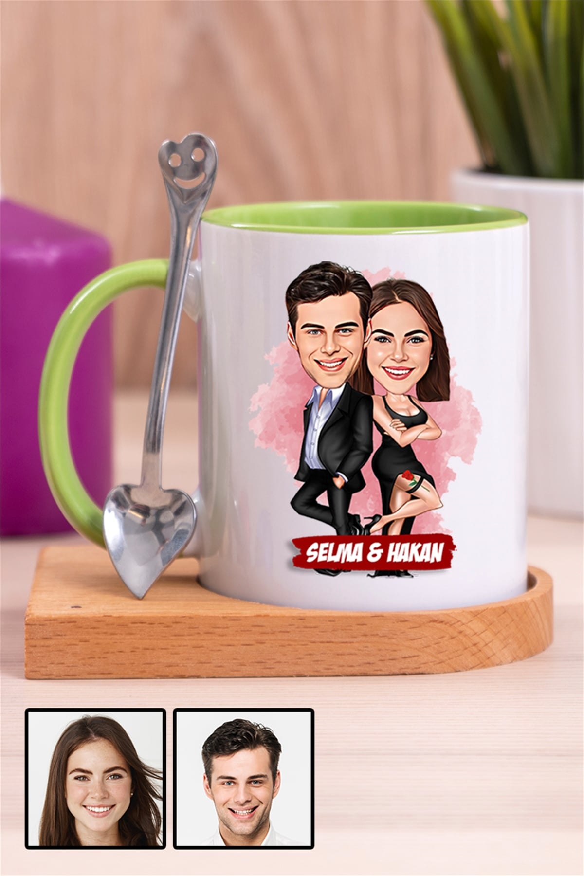 Erkek Sevgiliye Kişiye Özel Hediye Karikatürlü Ahşap Altlıklı İçi Renkli Kupa Bardak