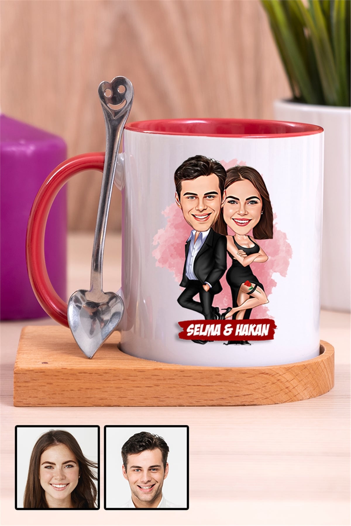 Erkek Sevgiliye Kişiye Özel Hediye Karikatürlü Ahşap Altlıklı İçi Renkli Kupa Bardak